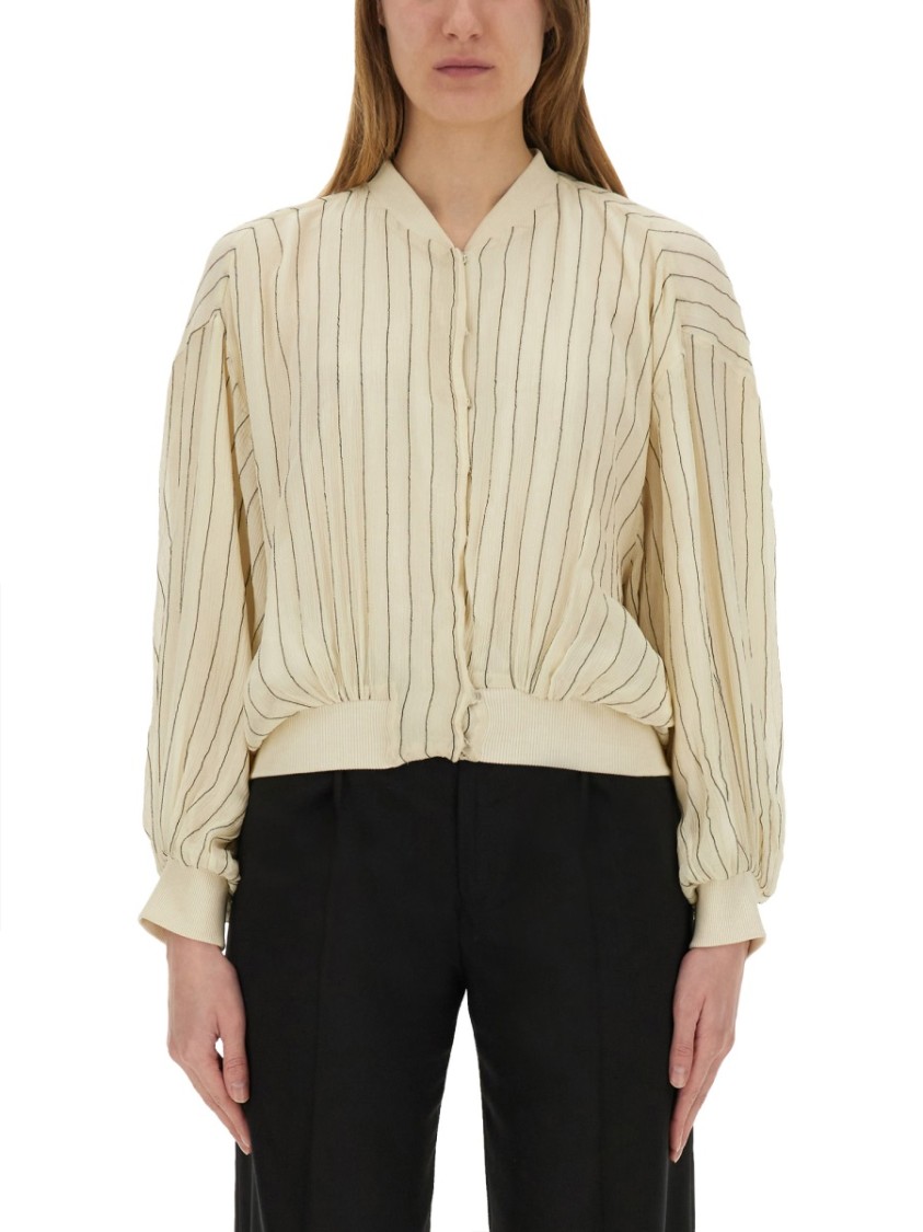 Alysi Silk Bomber Jacket With Subtle Stripes Neutraal