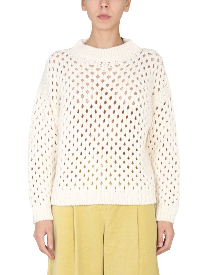 Alysi Cross-Neck Knit Sweater With Ribbed Details Neutraal