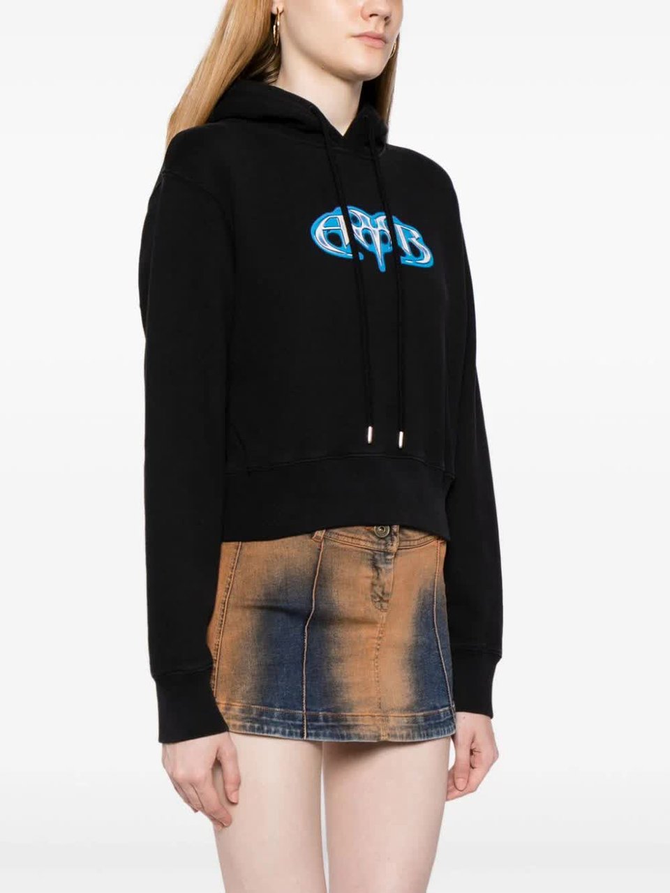 AMBUSH Black Amb Graphic Cropped Cotton Hoodie Zwart