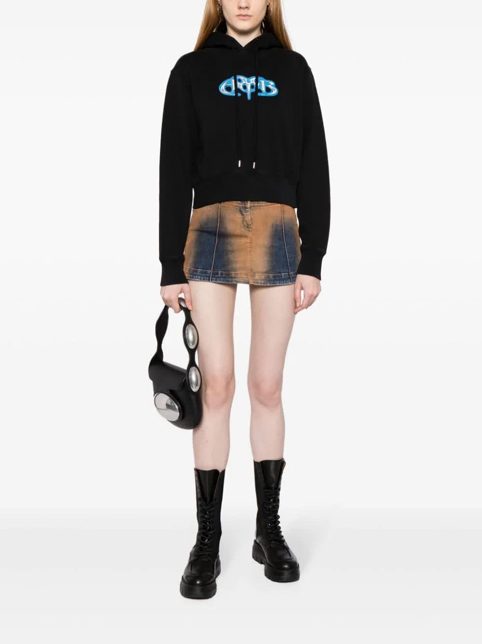 AMBUSH Black Amb Graphic Cropped Cotton Hoodie Zwart