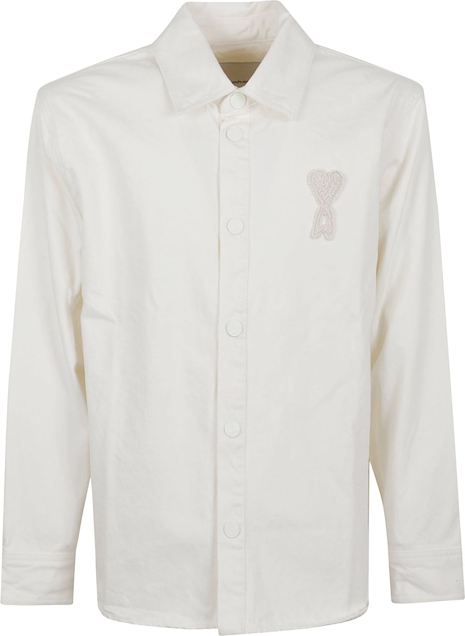 AMI Paris Heavy Cotton Denim Overshirt with Crocheted Patch Wit