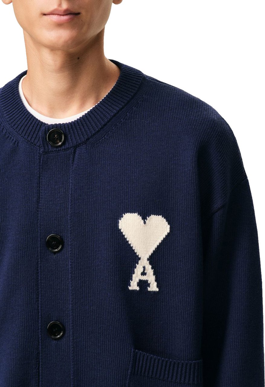 AMI Paris Navy Blue Ribbed Hem Crewneck Sweater Zwart