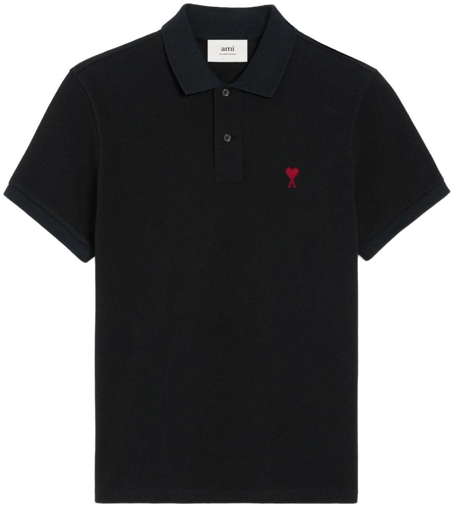 AMI Paris Organic Cotton Piqué Polo With Embroidered Logo Zwart