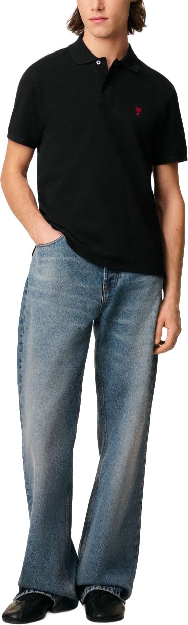 AMI Paris Organic Cotton Piqué Polo With Embroidered Logo Zwart