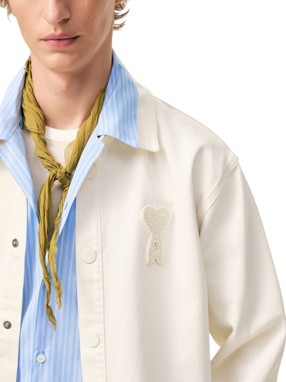 AMI Paris Beige De Coeur Crochet Patch Snap-Button Shirt Neutraal