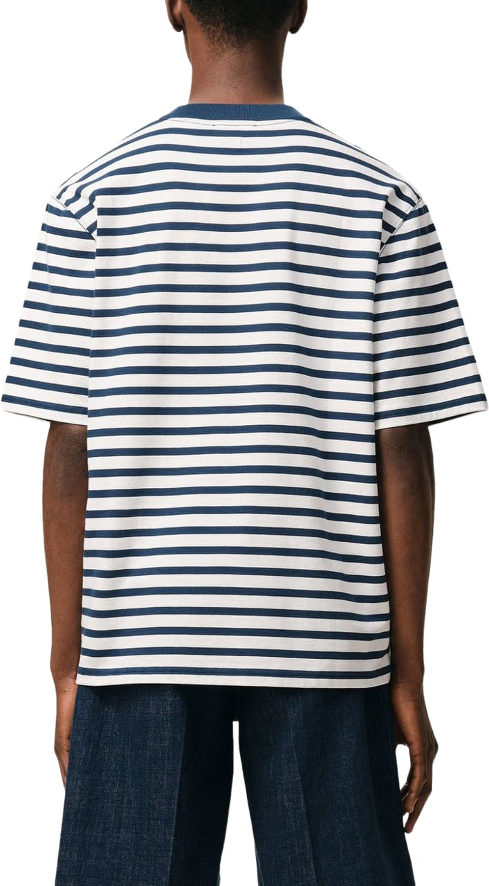 AMI Paris Blue/White Cotton Striped Embroidered T-Shirt Blauw