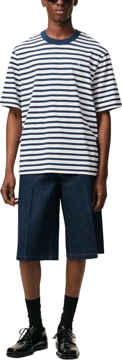 AMI Paris Blue/White Cotton Striped Embroidered T-Shirt Blauw