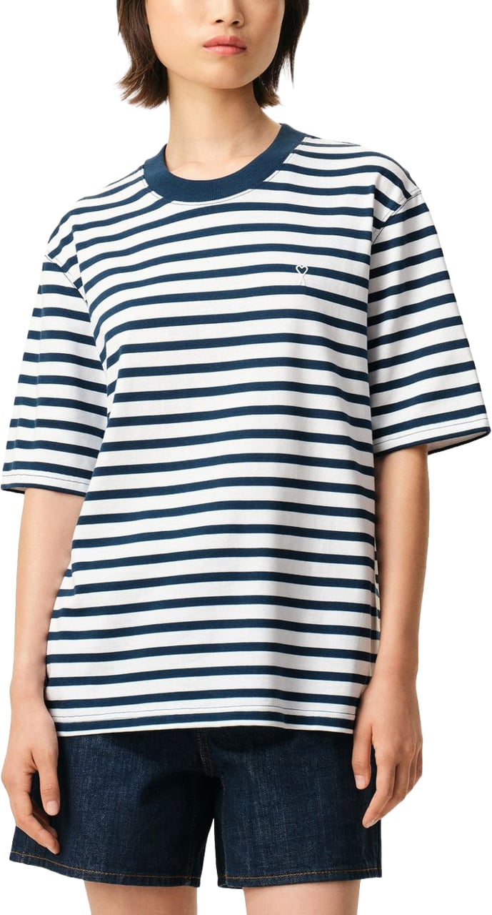 AMI Paris Blue/White Cotton Striped Embroidered T-Shirt Blauw