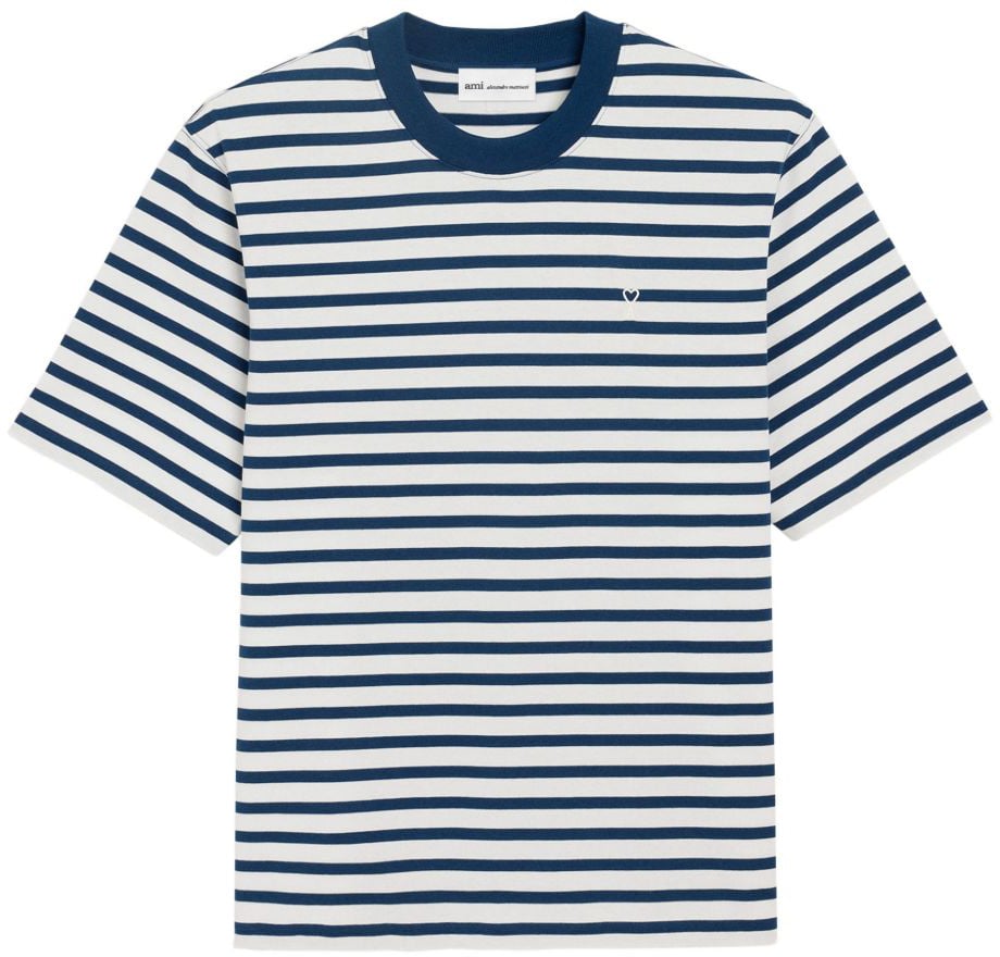AMI Paris Blue/White Cotton Striped Embroidered T-Shirt Blauw