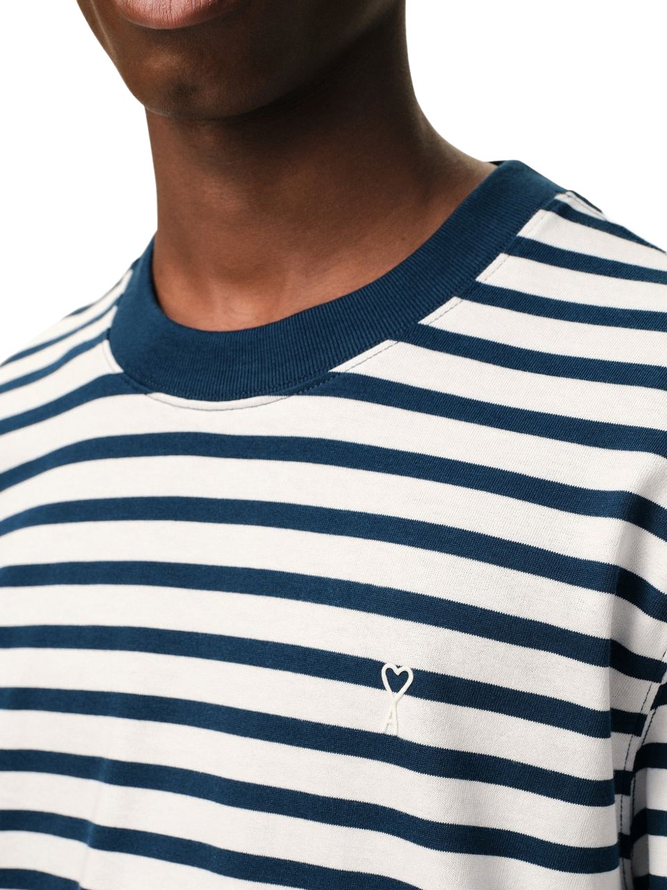 AMI Paris Blue/White Cotton Striped Embroidered T-Shirt Blauw