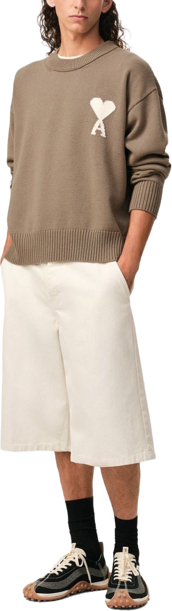 AMI Paris Taupe Beige Intarsia Knit Sweater Bruin