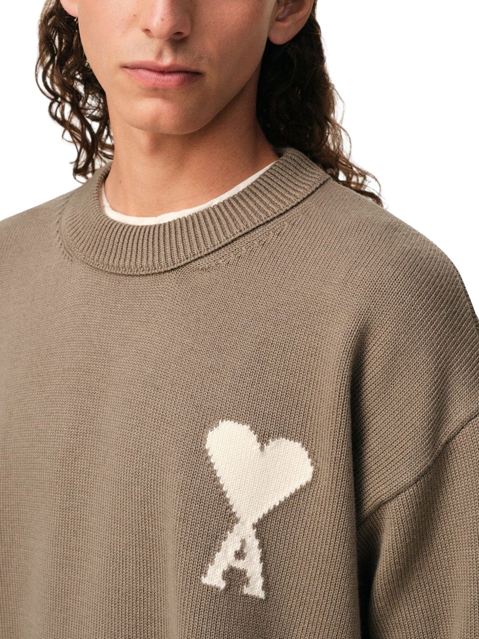 AMI Paris Taupe Beige Intarsia Knit Sweater Bruin