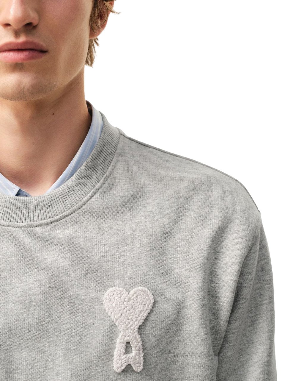 AMI Paris Grey Crochet Patch Tonal Embroidery Sweatshirt Wit