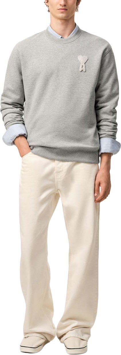 AMI Paris Grey Crochet Patch Tonal Embroidery Sweatshirt Wit