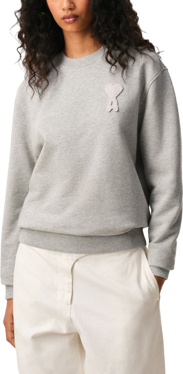 AMI Paris Grey Crochet Patch Tonal Embroidery Sweatshirt Wit