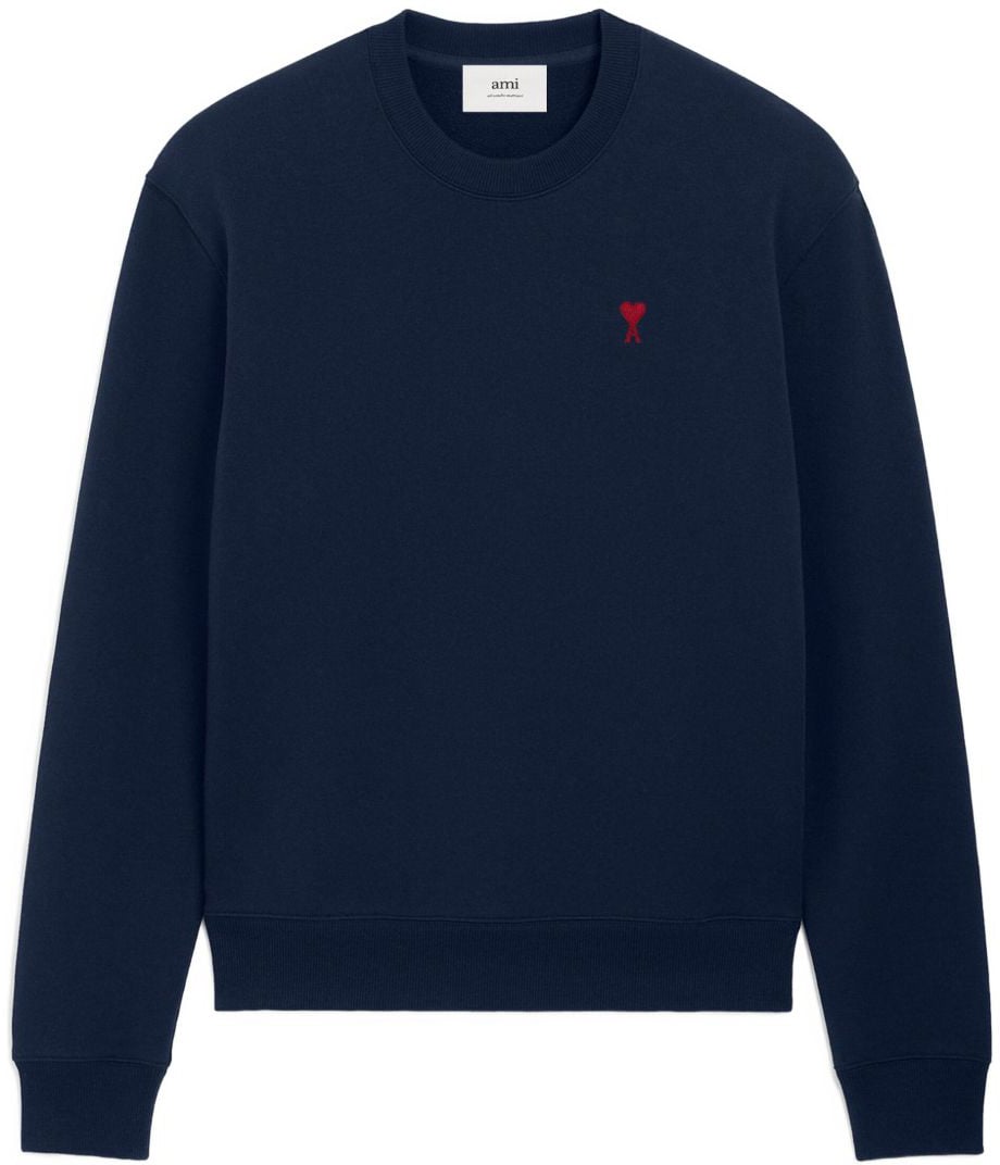 AMI Paris Navy Blue Cotton Jersey Sweater With Monogram Motif Zwart