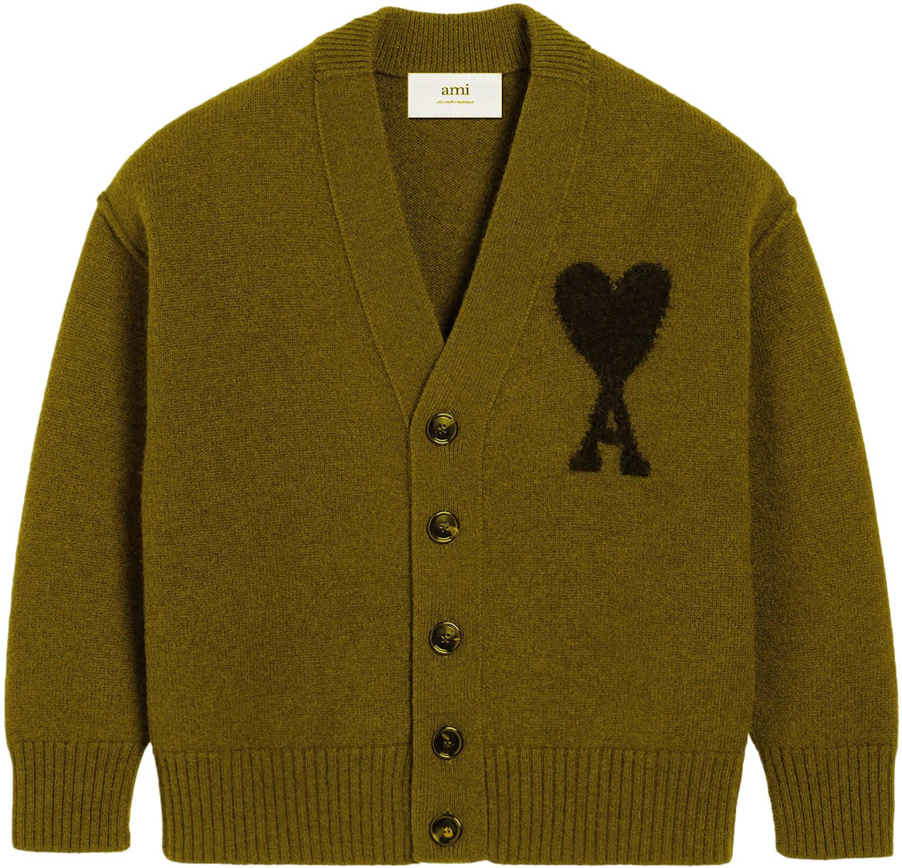 AMI Paris AMI DE COEUR FELTED WOOL CARDIGAN ARMY GREEN Groen