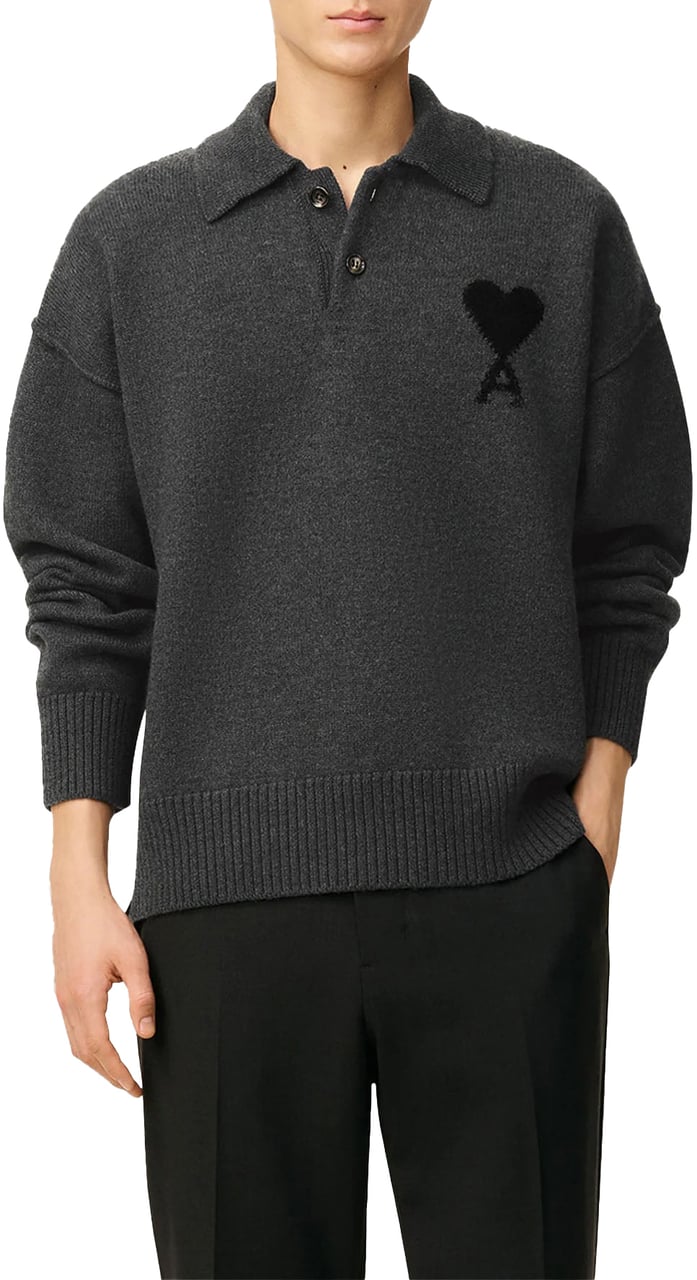 AMI Paris AMI DE COEUR FELTED WOOL POLO SHIRT DARK GREY Grijs