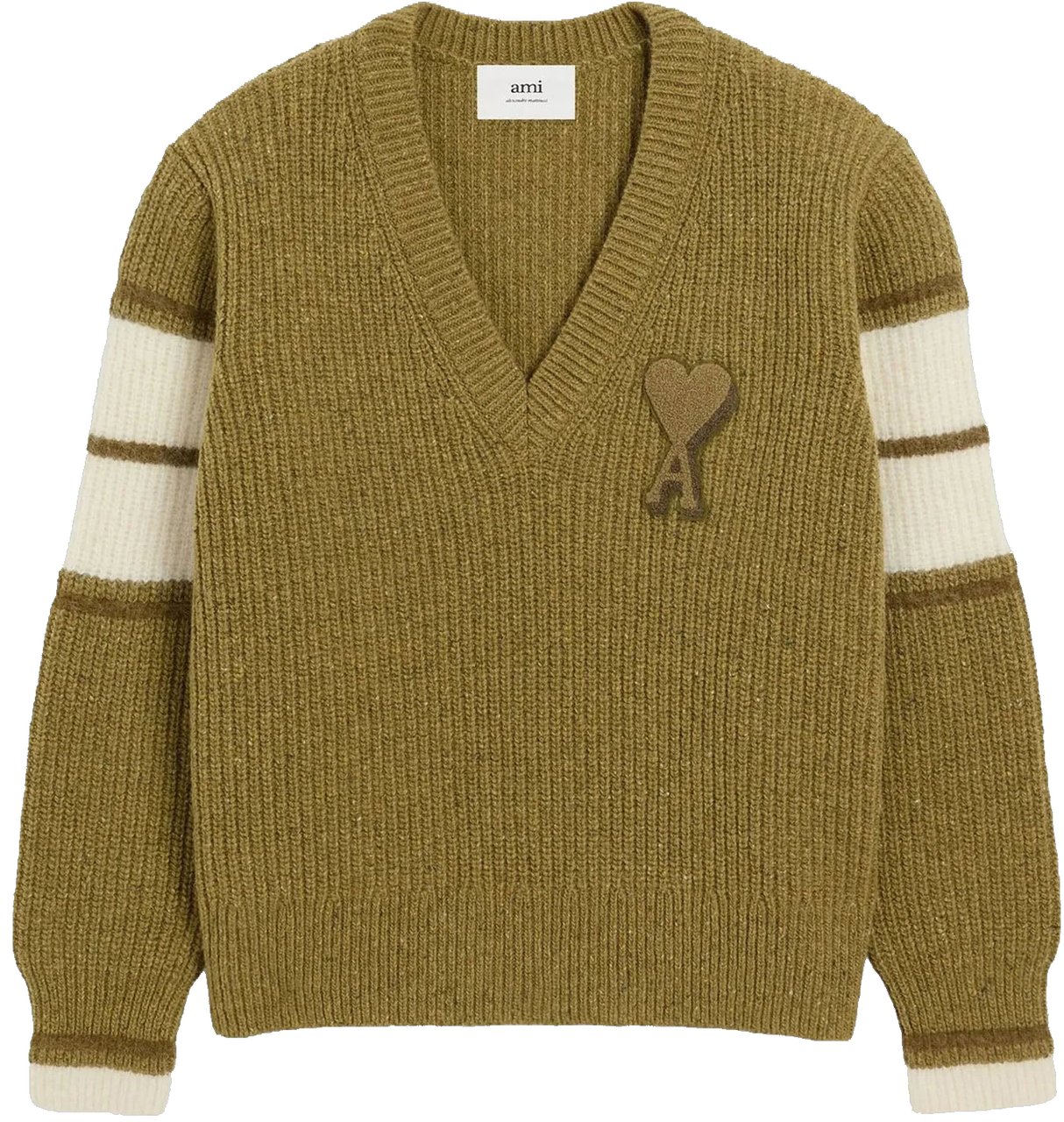 AMI Paris AMI DE COEUR PATCH COLLEGE V-NECK ARMY GREEN Groen