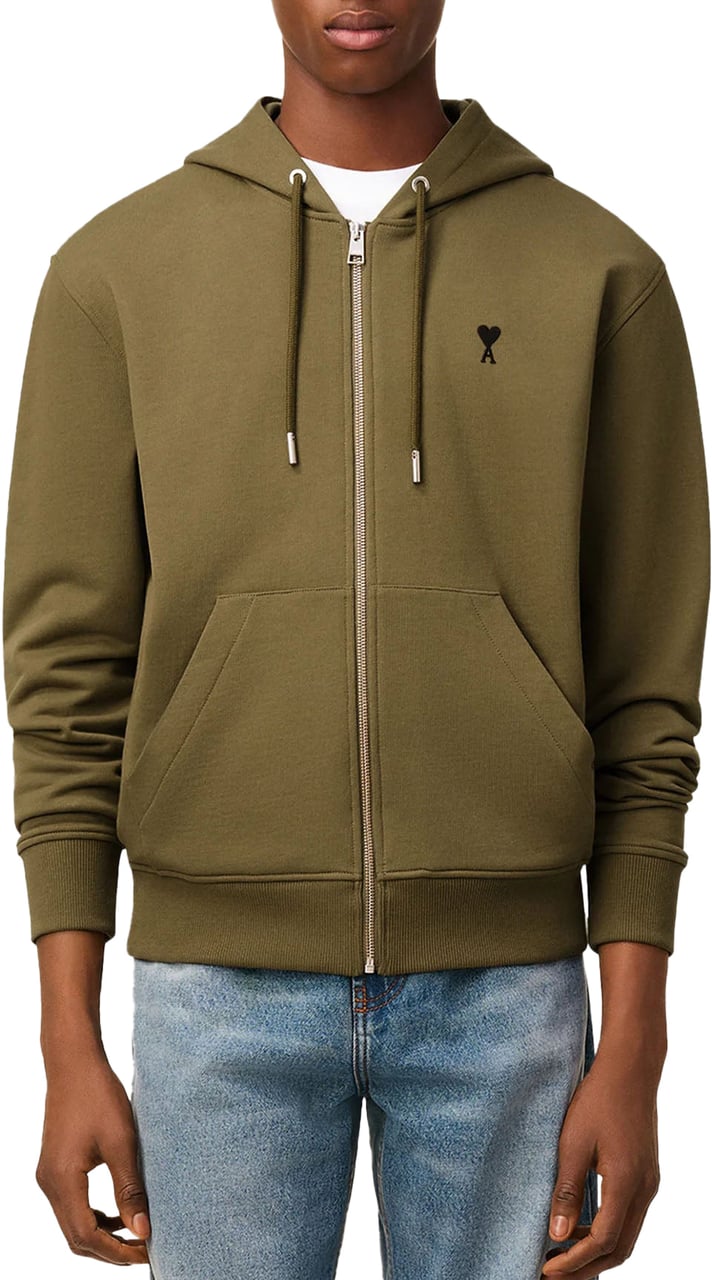 AMI Paris AMI DE COEUR ZIP THROUGH HOODIE ARMY GREEN Groen