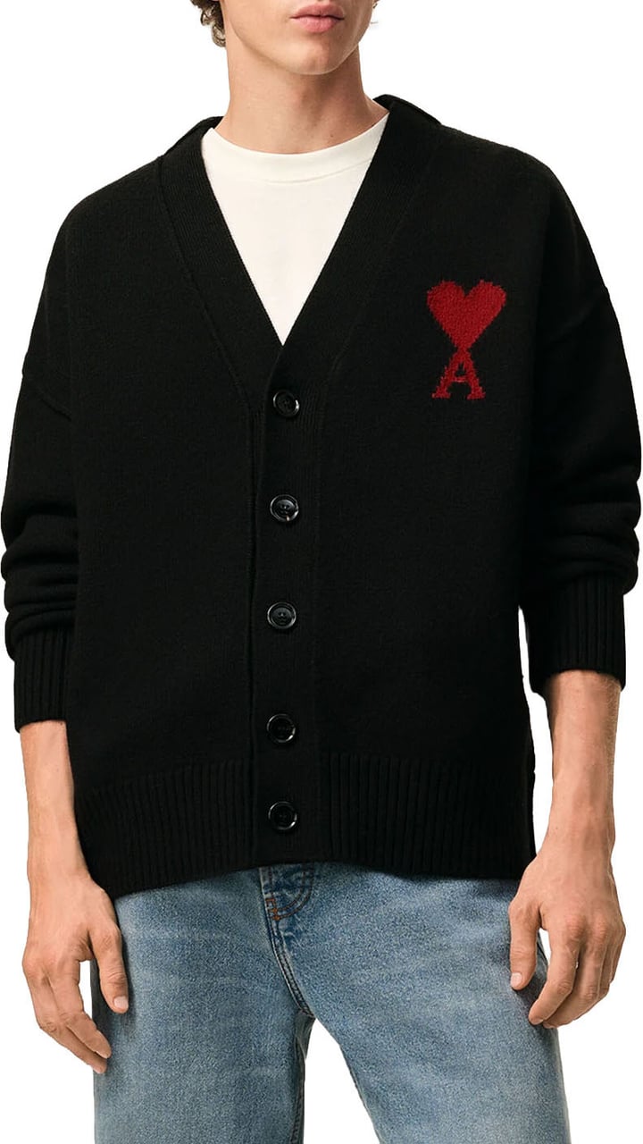 AMI Paris FELTED MERINO WOOL AMI DE COEUR V-NECK CARDIGAN Zwart