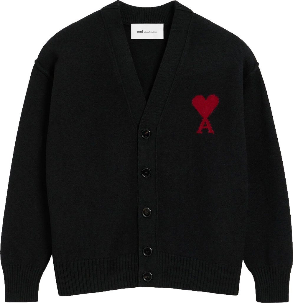 AMI Paris FELTED MERINO WOOL AMI DE COEUR V-NECK CARDIGAN Zwart
