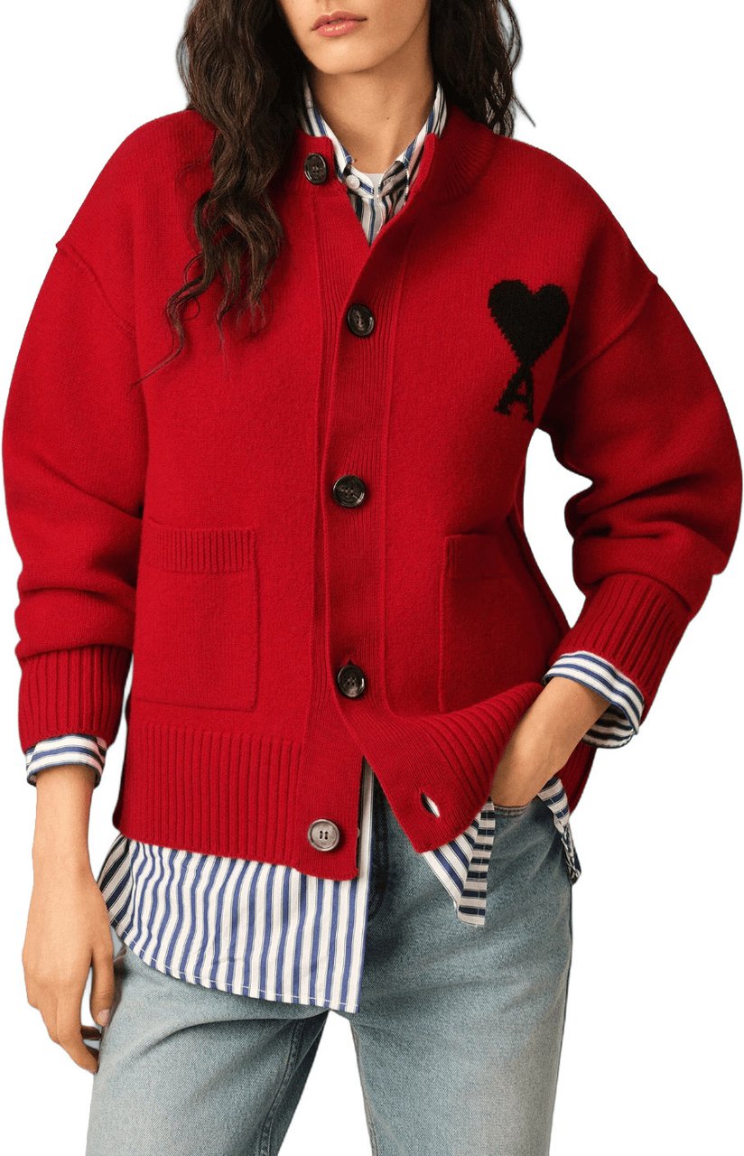 AMI Paris FELTED MERINO WOOL AMI DE COEUR CREWNECK CARDIGAN Rood