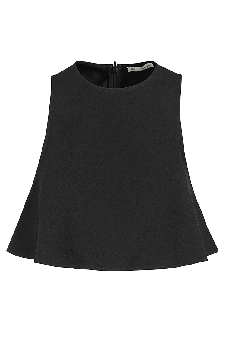 AMI Paris Flared Hem Crepe Top Zwart