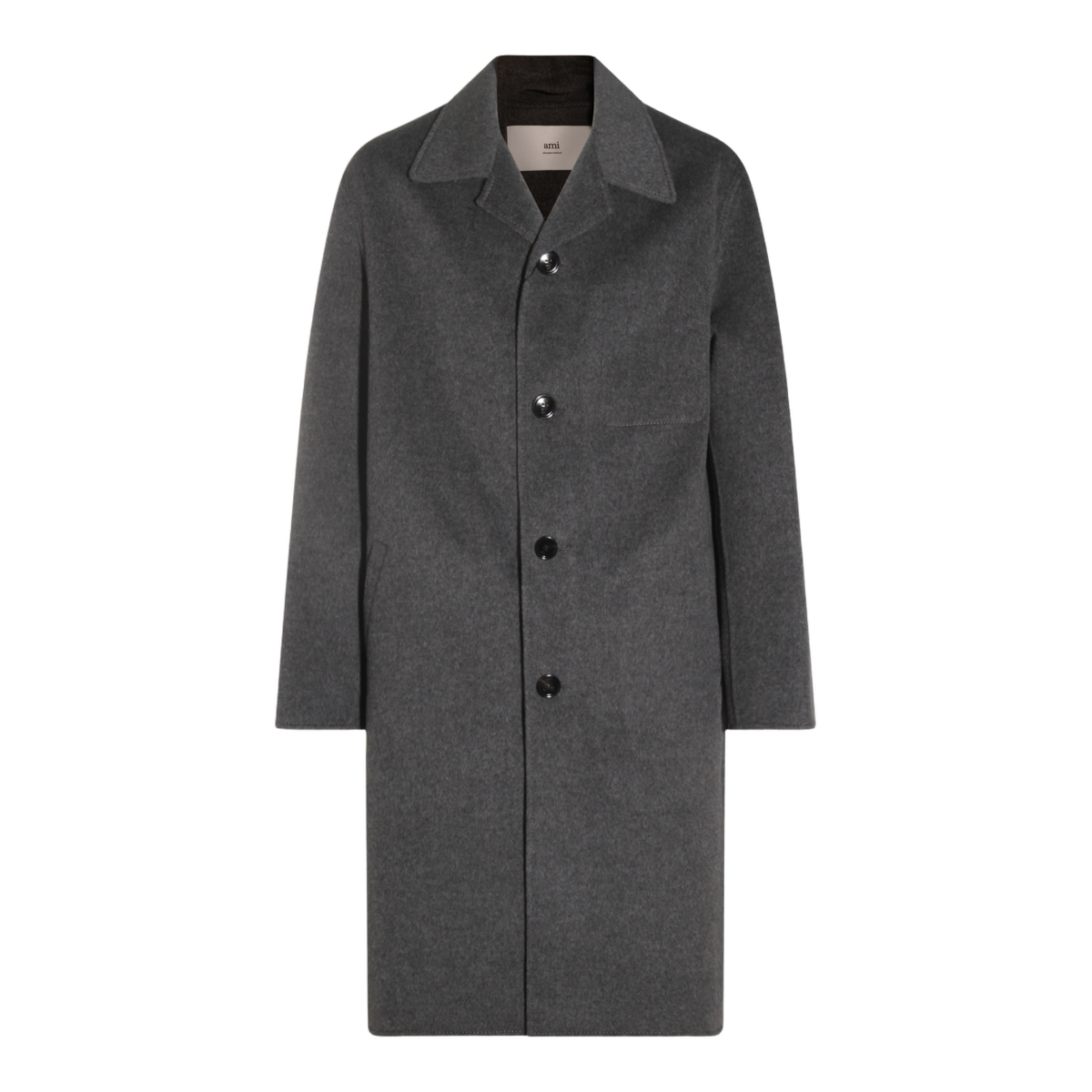 AMI Paris Long Single-Breasted Coat with Classic Collar Grijs