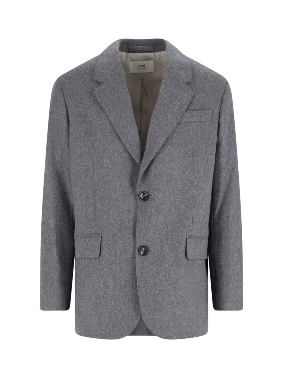 AMI Paris Single-Breasted Grey Virgin Wool Blazer With Classic Lapel Grijs