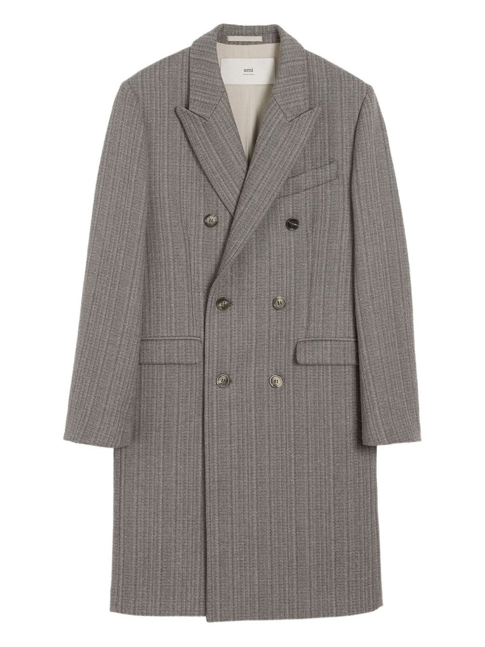 AMI Paris Double-Breasted Herringbone Wool Coat With Peak Lapels Grijs