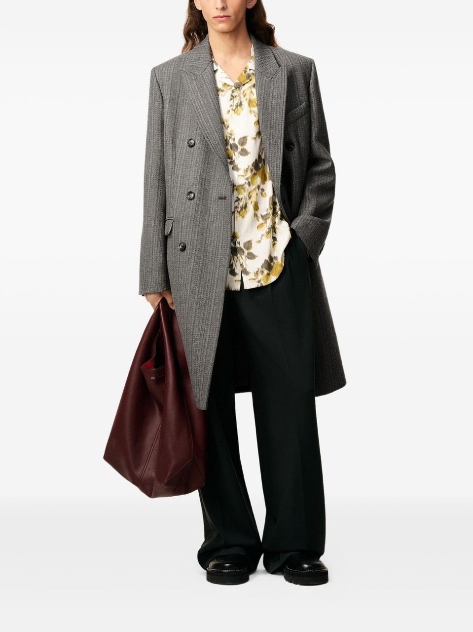 AMI Paris Double-Breasted Herringbone Wool Coat With Peak Lapels Grijs