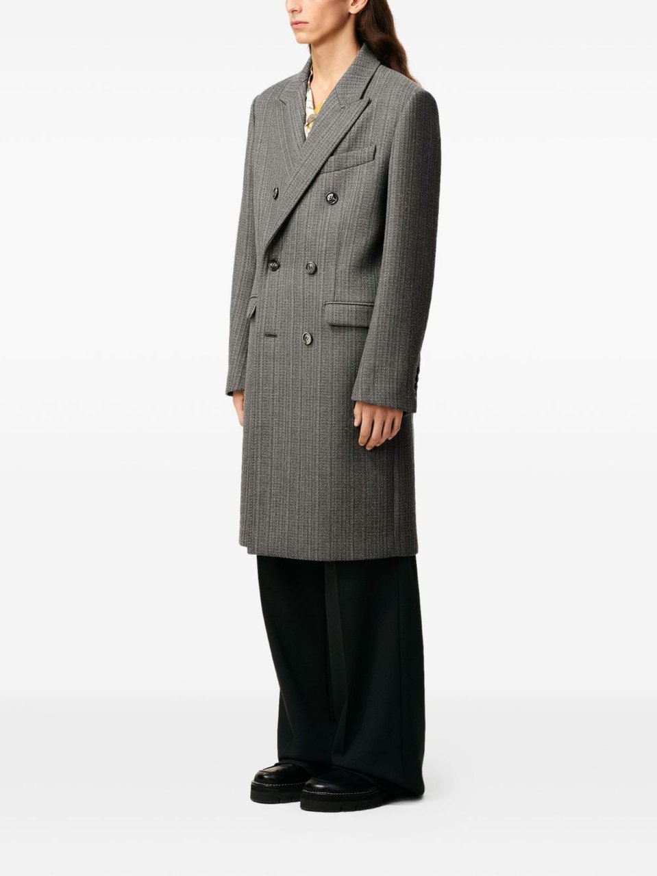 AMI Paris Double-Breasted Herringbone Wool Coat With Peak Lapels Grijs