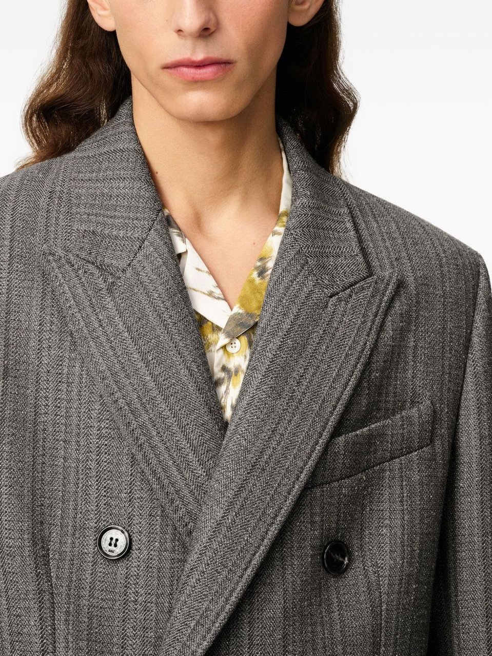 AMI Paris Double-Breasted Herringbone Wool Coat With Peak Lapels Grijs