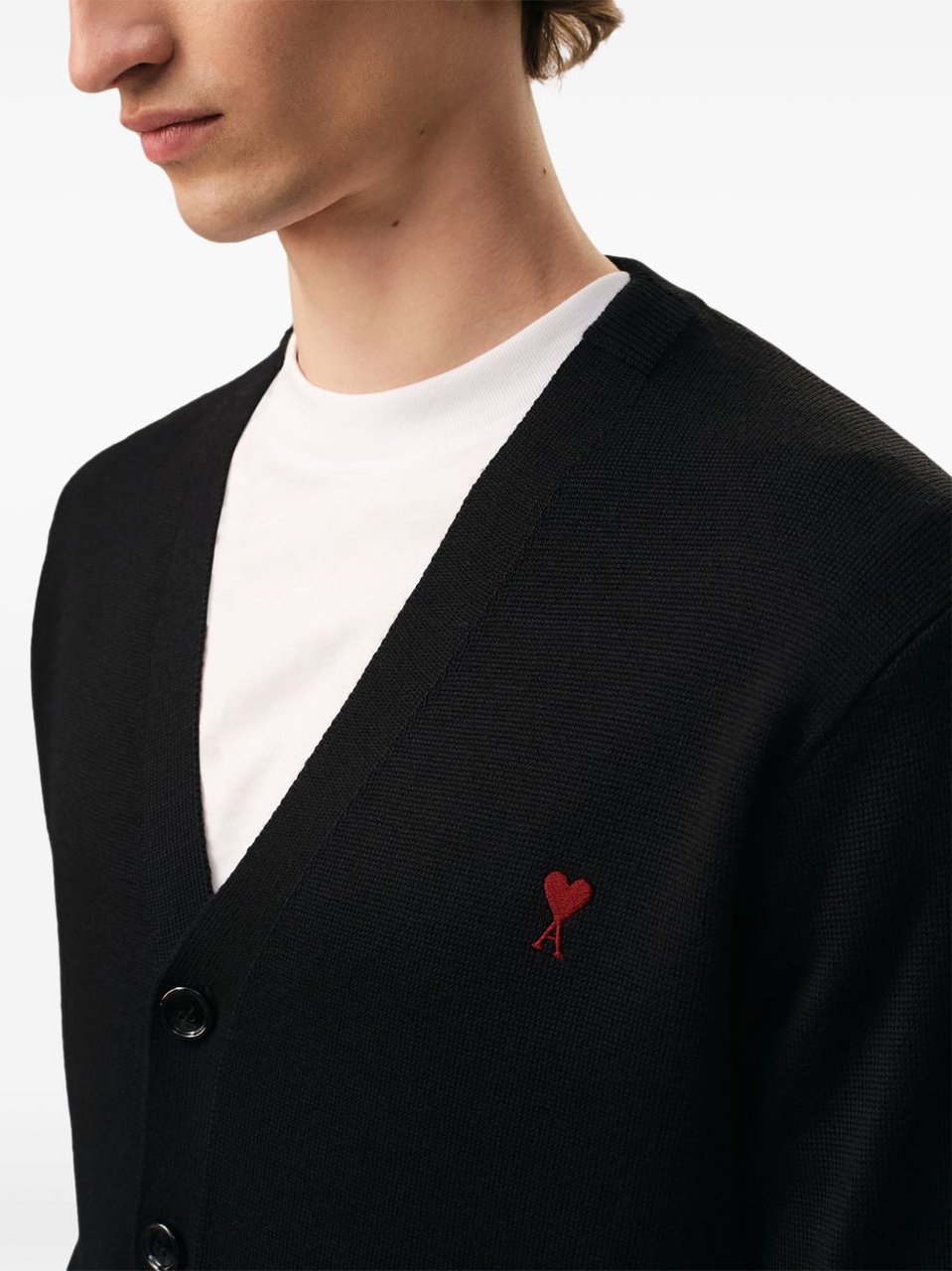 AMI Paris Cropped Black V-Neck Cardigan with Button-Down Front Zwart