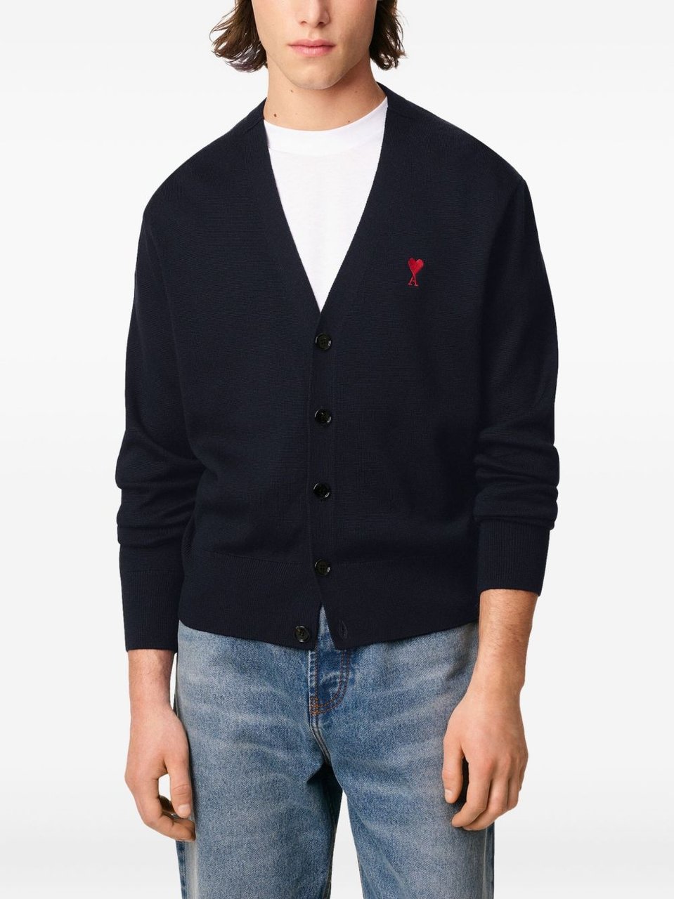 AMI Paris Blue Ami de Coeur V-Neck Cardigan Blauw