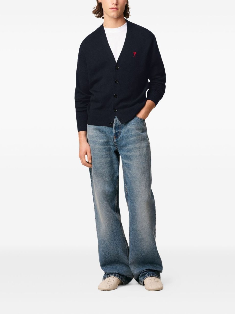 AMI Paris Blue Ami de Coeur V-Neck Cardigan Blauw