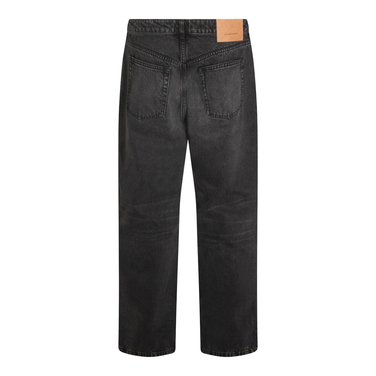 AMI Paris Regular Fit Washed Black Cotton Jeans with Leather Patch Detail Zwart