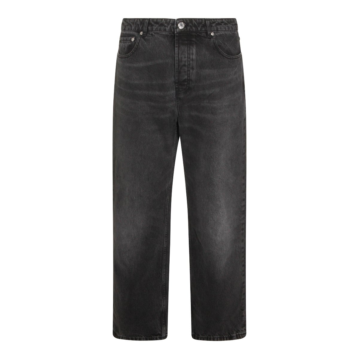 AMI Paris Regular Fit Washed Black Cotton Jeans with Leather Patch Detail Zwart