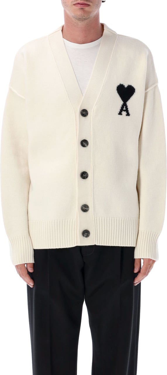 AMI Paris V Neck Cardigan Adc Beige Wit
