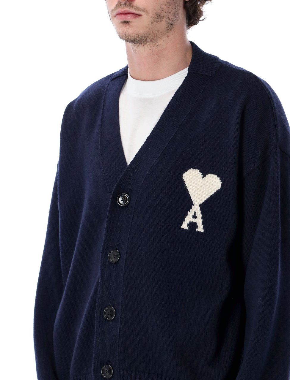 AMI Paris Cardigan With Contrasted Ami De Coeur Bianco Wit