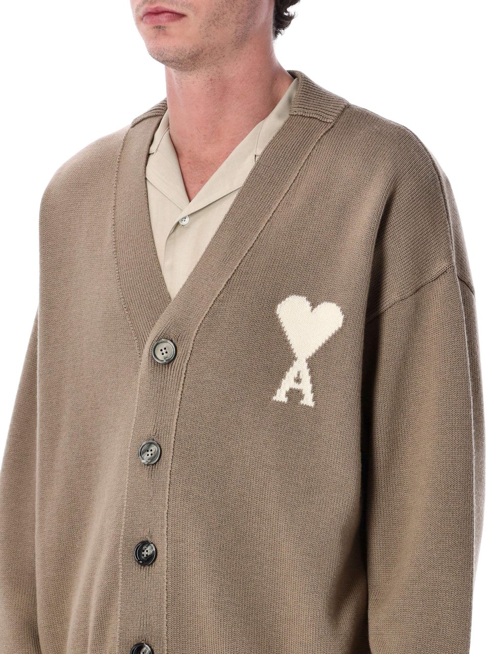 AMI Paris Cardigan With Contrasted Ami De Coeur Beige Taupe Taupe