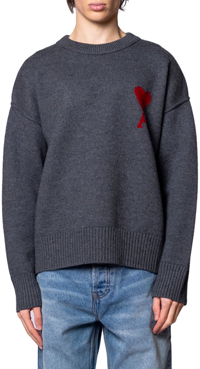 AMI Paris ADC CREWNECK SWEATER GRIS CHINE / ROUGE Grijs
