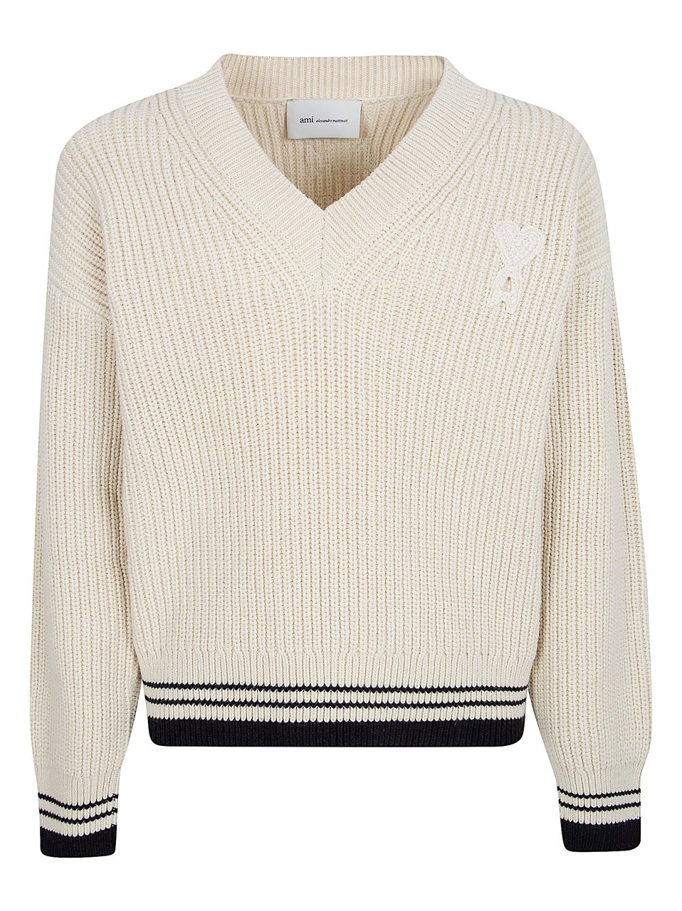 AMI Paris Ribbed Knitted Sweater with V-Neckline and Crochet Accents Wit