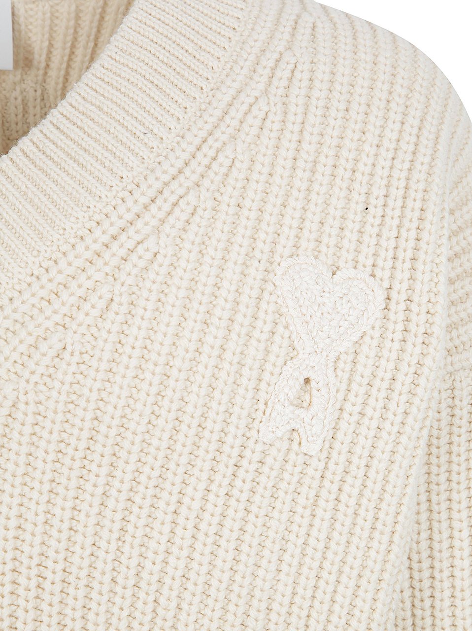 AMI Paris Ribbed Knitted Sweater with V-Neckline and Crochet Accents Wit