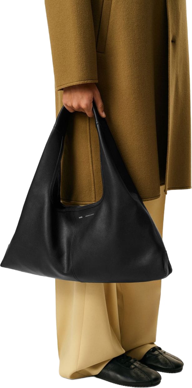 AMI Paris Black Leather Trapezoid Bag Zwart