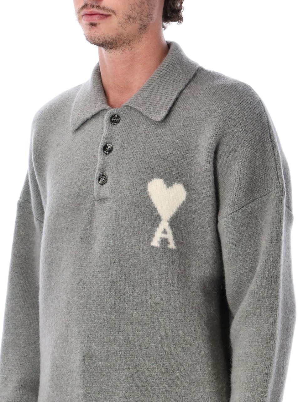 AMI Paris Quota - Polo Sweater With Ami De Coeur Grigio Grijs