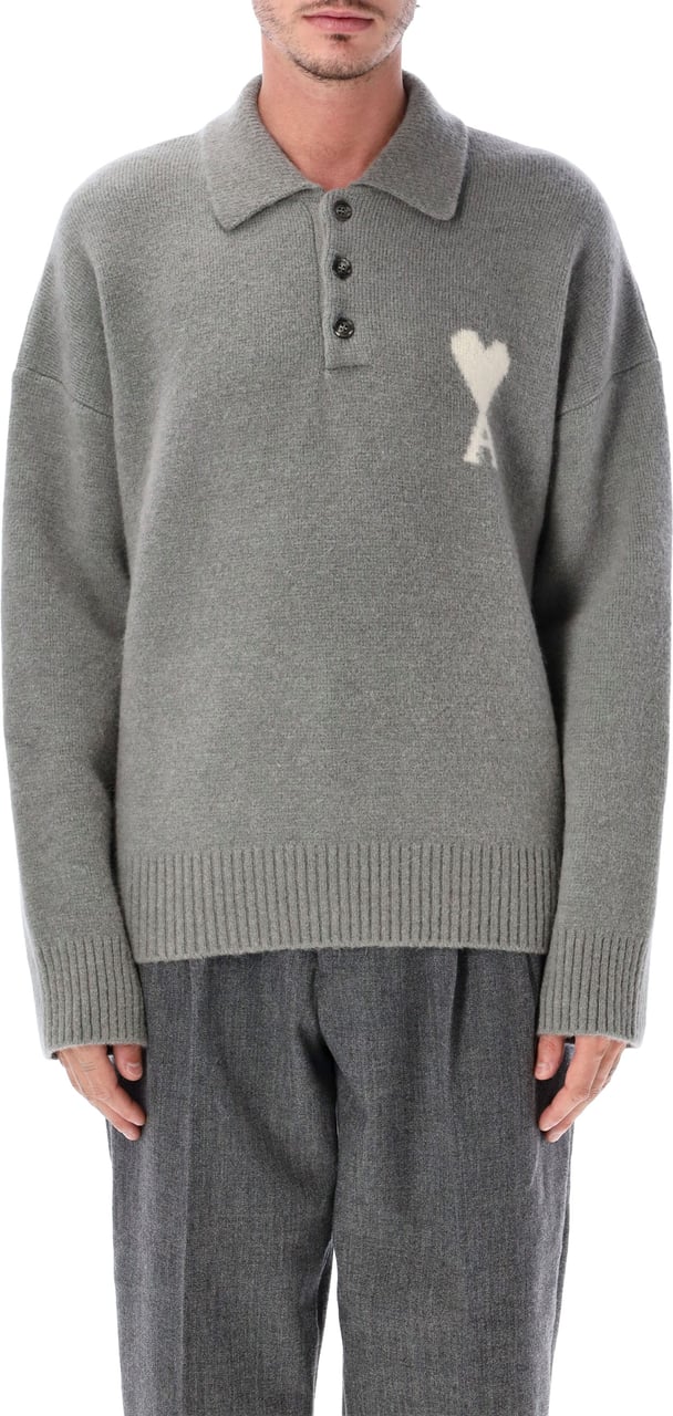 AMI Paris Quota - Polo Sweater With Ami De Coeur Grigio Grijs