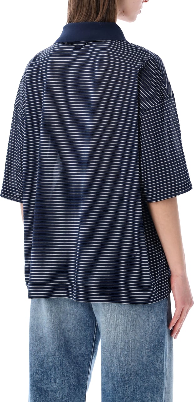 AMI Paris Striped Boxy Fit Polo With Ami De Coeur Blu Navy