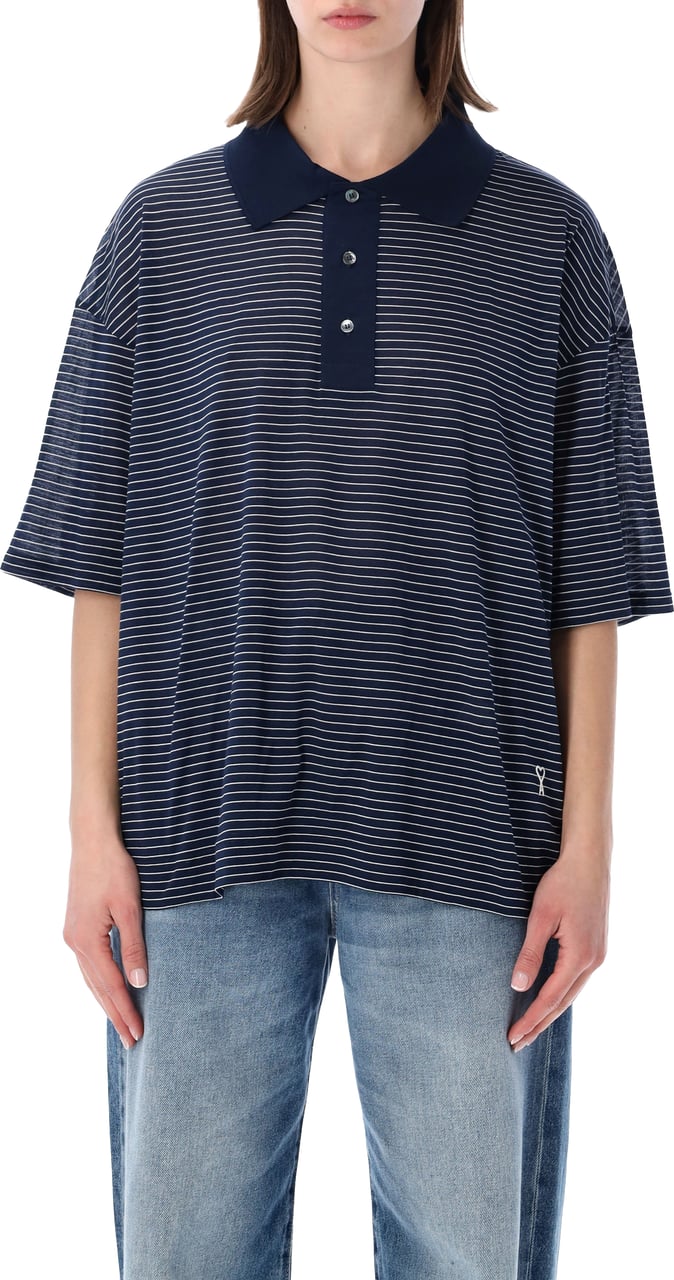 AMI Paris Striped Boxy Fit Polo With Ami De Coeur Blu Navy